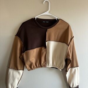 SHEIN Patchwork Cropped Sweatshirt - Brown, Tan, Cream